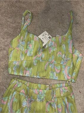 Zara Green Floral Print Crop Top and Pants Set
